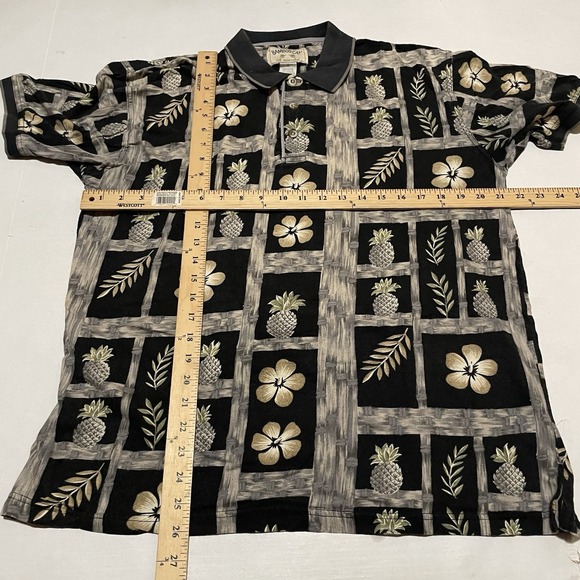 Bamboo Cay Polo Shirt Mens Medium Black Floral Hawaiian Short Sleeve Collared - Picture 4 of 5